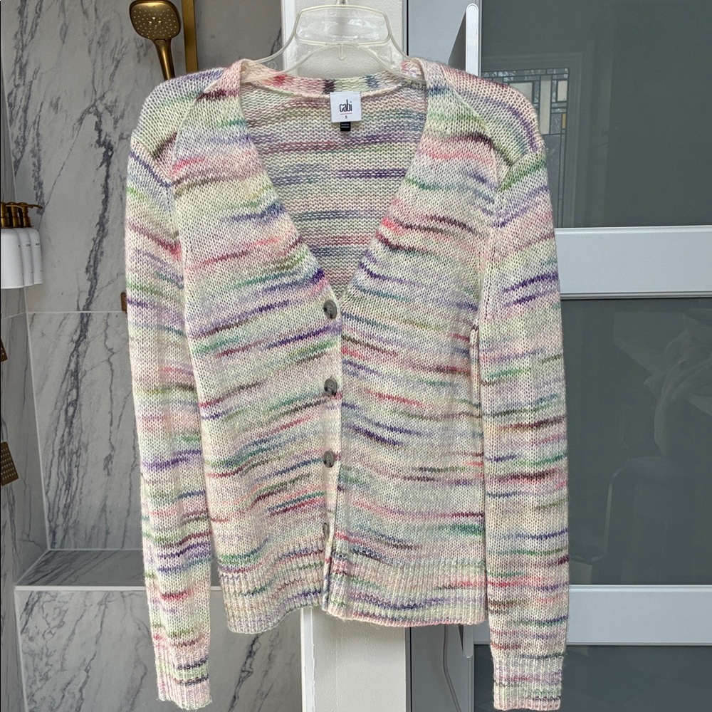 CAbi Pastel Multi-Stripe V-Neck Cardigan in Cream, Pink, Purple, Green